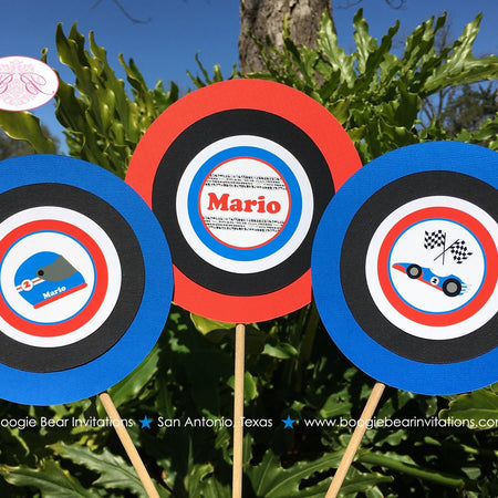 Race Car Birthday Party Centerpiece Sticks Red Blue Black Checkered Flag Boy Girl Racing Driver Boogie Bear Invitations Mario Theme