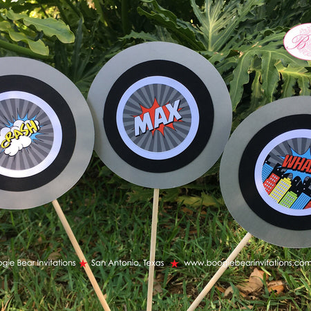 Superhero Birthday Party Centerpiece Sticks Comic Super Hero Boy Girl Cityscape Skyline Maximus Wham Boom Boogie Bear Invitations Max Theme