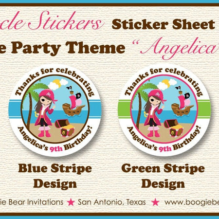 Pink Pirate Party Stickers Circle Sheet Round Birthday Girl Ocean Swim Swimming Pool Island Beach Boogie Bear Invitations Angelica Theme
