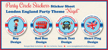 Load image into Gallery viewer, London England Birthday Party Stickers Circle Sheet Boy Red Bus Blue British Great Britain UK Union Jack Boogie Bear Invitations Nigel Theme