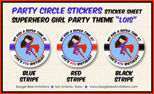 Load image into Gallery viewer, Super Girl Birthday Party Stickers Circle Sheet Round Red Blue Black Superhero Girl Hero Cape Comic Boogie Bear Invitations Lois Theme