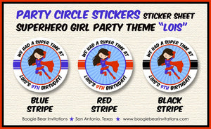 Super Girl Birthday Party Stickers Circle Sheet Round Red Blue Black Superhero Girl Hero Cape Comic Boogie Bear Invitations Lois Theme