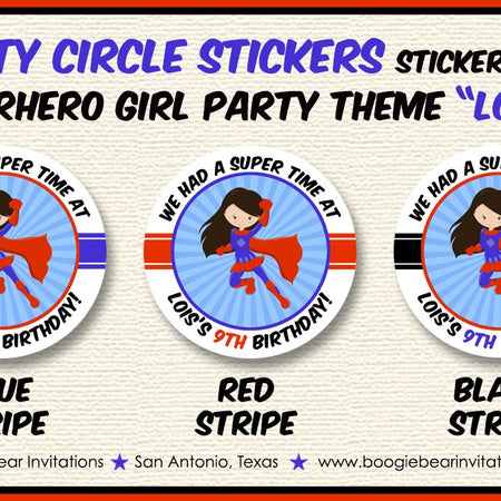 Super Girl Birthday Party Stickers Circle Sheet Round Red Blue Black Superhero Girl Hero Cape Comic Boogie Bear Invitations Lois Theme