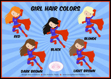 Load image into Gallery viewer, Super Girl Birthday Party Stickers Circle Sheet Round Red Blue Black Superhero Girl Hero Cape Comic Boogie Bear Invitations Lois Theme