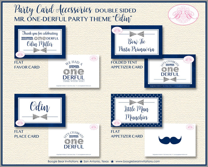 Mr Wonderful Birthday Party Favor Card Tent Appetizer Place Boy Silver Navy Blue Onederful 1st Boogie Bear Invitations Odin Theme Printed