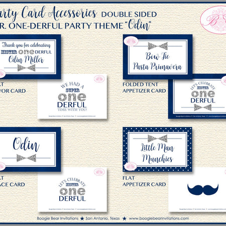 Mr Wonderful Birthday Party Favor Card Tent Appetizer Place Boy Silver Navy Blue Onederful 1st Boogie Bear Invitations Odin Theme Printed