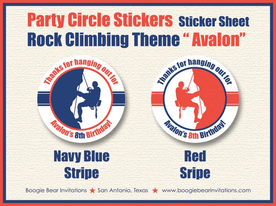 Rock Climbing Birthday Party Stickers Circle Sheet Round Red Blue Boy Girl Indoor Wall Climb Outdoor Boogie Bear Invitations Avalon Theme