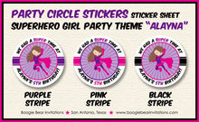 Load image into Gallery viewer, Super Girl Birthday Party Stickers Circle Sheet Round Pink Purple Black Comic Cape Mask Superhero Hero Boogie Bear Invitations Alayna Theme