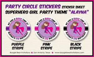 Super Girl Birthday Party Stickers Circle Sheet Round Pink Purple Black Comic Cape Mask Superhero Hero Boogie Bear Invitations Alayna Theme