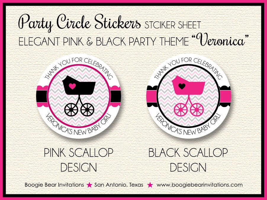 Pink Black Baby Shower Party Stickers Circle Sheet Round Chevron Modern Chic Girl Heart Stroller Tag Boogie Bear Invitations Veronica Theme