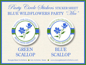 Blue Flowers Birthday Party Stickers Circle Sheet Round Wildflowers Girl Green Bluebonnets Pansies Flowers Boogie Bear Invitations Mia Theme