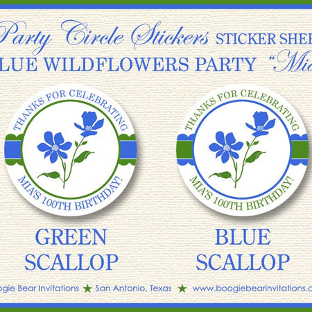 Blue Flowers Birthday Party Stickers Circle Sheet Round Wildflowers Girl Green Bluebonnets Pansies Flowers Boogie Bear Invitations Mia Theme