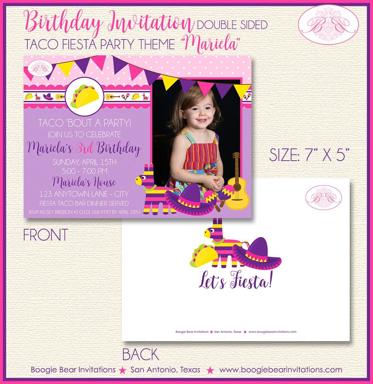 Fiesta Taco Birthday Party Invitation Photo Girl Pink Purple Cinco de Mayo Boogie Bear Invitations Mariela Theme Paperless Printable Printed