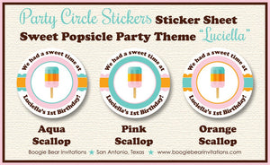 Pink Popsicle Birthday Party Stickers Circle Sheet Round Girl Aqua Sweet Ice Cream Teal Turquoise Kid Boogie Bear Invitations Luciella Theme