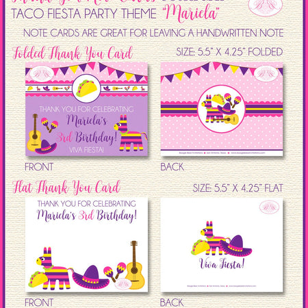 Fiesta Taco Party Thank You Note Card Birthday Cinco de Mayo Girl Pink Yellow Purple Carnival Maracas Boogie Bear Invitations Mariela Theme