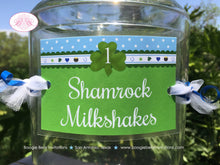Load image into Gallery viewer, Blue Lucky Charm Party Beverage Card Birthday Drink Label Sign Wrap Boy Green Shamrock 4 Leaf Clover Boogie Bear Invitations Desmond Theme