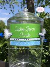 Load image into Gallery viewer, Blue Lucky Charm Party Beverage Card Birthday Drink Label Sign Wrap Boy Green Shamrock 4 Leaf Clover Boogie Bear Invitations Desmond Theme