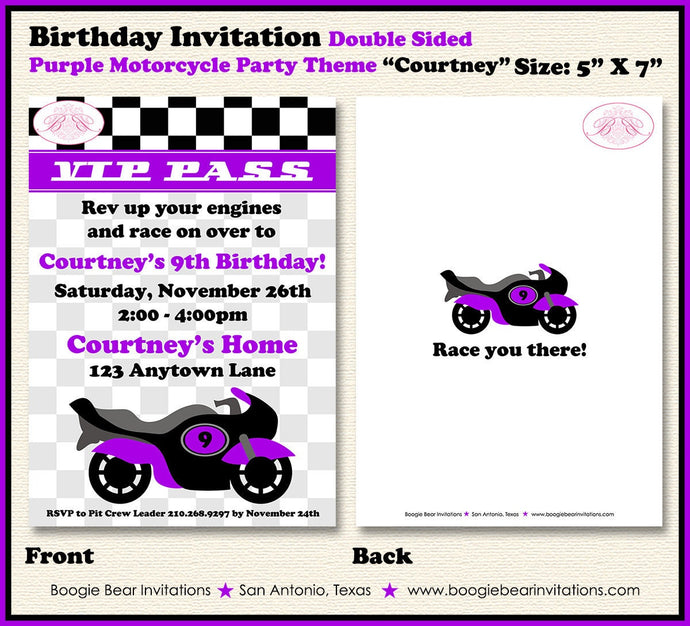 Purple Motorcycle Birthday Party Invitation Girl Race Motocross Enduro Boogie Bear Invitations Courtney Theme Paperless Printable Printed