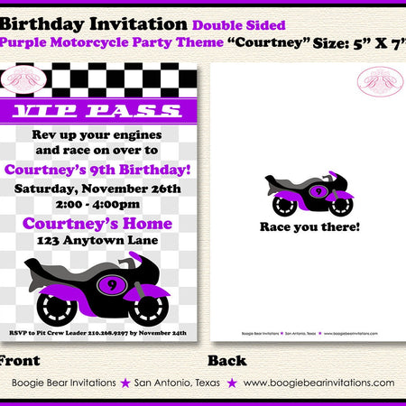Purple Motorcycle Birthday Party Invitation Girl Race Motocross Enduro Boogie Bear Invitations Courtney Theme Paperless Printable Printed