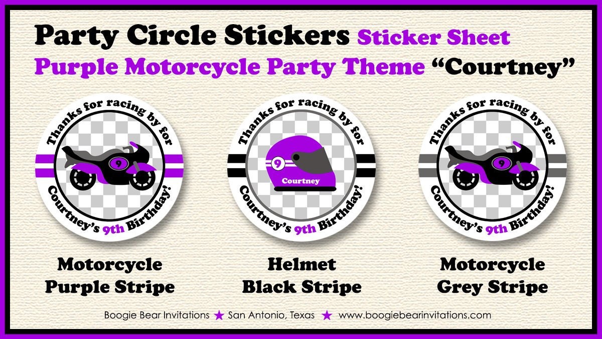 Purple Motorcycle Birthday Party Stickers Circle Sheet Round Girl Enduro Motocross Motorcycle Racing Boogie Bear Invitations Courtney Theme