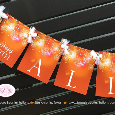 Glowing Ornament Party Name Banner Birthday Sweet 16 Orange Yellow Gold 16th 21st 30th 40th 50th 60th Boogie Bear Invitations Allison Theme