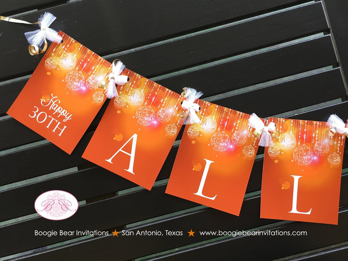 Glowing Ornament Party Name Banner Birthday Sweet 16 Orange Yellow Gold 16th 21st 30th 40th 50th 60th Boogie Bear Invitations Allison Theme