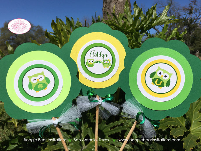 St. Patrick's Day Owls Party Centerpiece Sticks Girl Boy Lucky Green Forest Shamrock Clover Pot of Gold Boogie Bear Invitations Ashlyn Theme