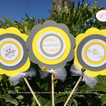 Woodland Birds Owls Baby Shower Centerpiece Sticks Party Set Yellow Grey Animals Forest Creature Boy Girl Boogie Bear Invitations Lara Theme