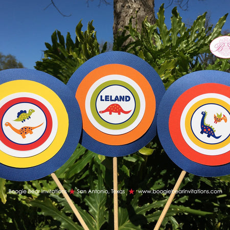 Little Dinosaur Birthday Party Centerpiece Sticks Girl Boy Orange Yellow Blue Red Jurassic Prehistoric Boogie Bear Invitations Leland Theme