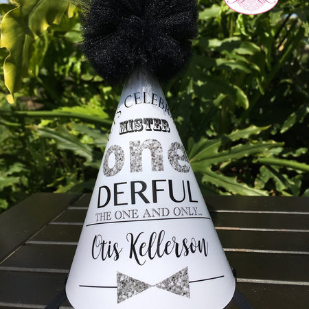 Mr. Wonderful Birthday Party Hat Onederful Boy Little Man Glitter Modern Silver Grey Black ONE derful 1st Boogie Bear Invitations Otis Theme