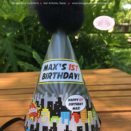 Superhero Birthday Party Hat Boy Girl Super Hero Comic Boom Wham Red Black Cityscape Pow Boom City Skyline Boogie Bear Invitations Max Theme