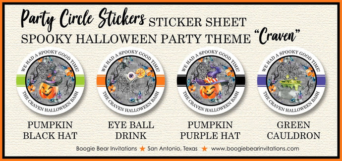 Witch Hat Halloween Party Stickers Circle Sheet Round Haunted House Pumpkin Cocktail Spell Orange Black Boogie Bear Invitations Craven Theme