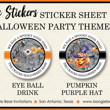 Witch Hat Halloween Party Stickers Circle Sheet Round Haunted House Pumpkin Cocktail Spell Orange Black Boogie Bear Invitations Craven Theme