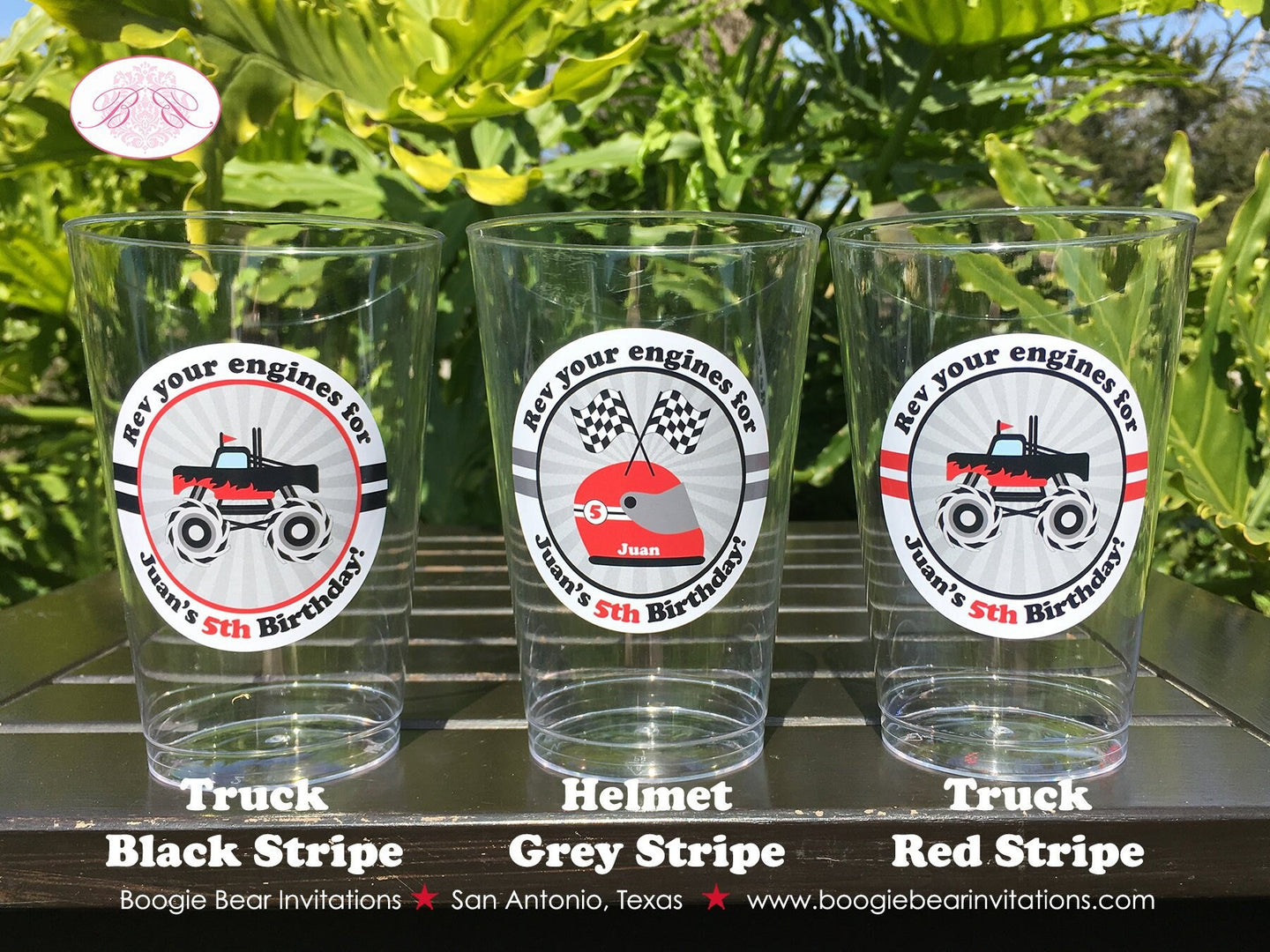 Monster Truck Birthday Party Beverage Cups Plastic Drink Boy Girl Red Black Demo Arena Racing Show Race Boogie Bear Invitations Juan Theme