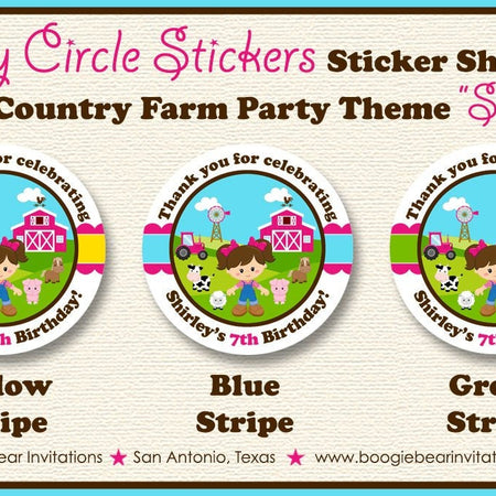 Pink Farm Animals Birthday Party Stickers Circle Sheet Girl Petting Zoo Barn Horse Cow Pig Country Kid Boogie Bear Invitations Shirley Theme