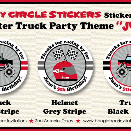 Monster Truck Birthday Party Stickers Circle Sheet Round Red Black Crash Smash Helmet Demo Arena Racing Boogie Bear Invitations Juan Theme