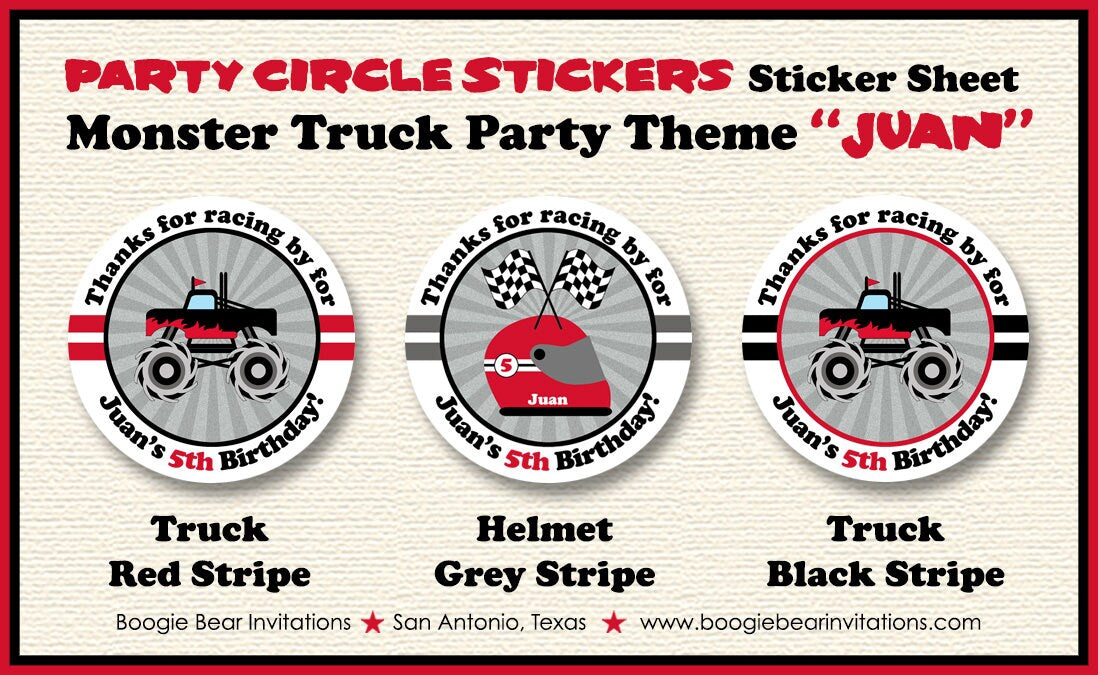 Monster Truck Birthday Party Stickers Circle Sheet Round Red Black Crash Smash Helmet Demo Arena Racing Boogie Bear Invitations Juan Theme