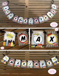Superhero Birthday Party Package Happy Super Hero Girl Boy Door Banner Comic Skyline Retro Pow Boom Boogie Bear Invitations Max Theme