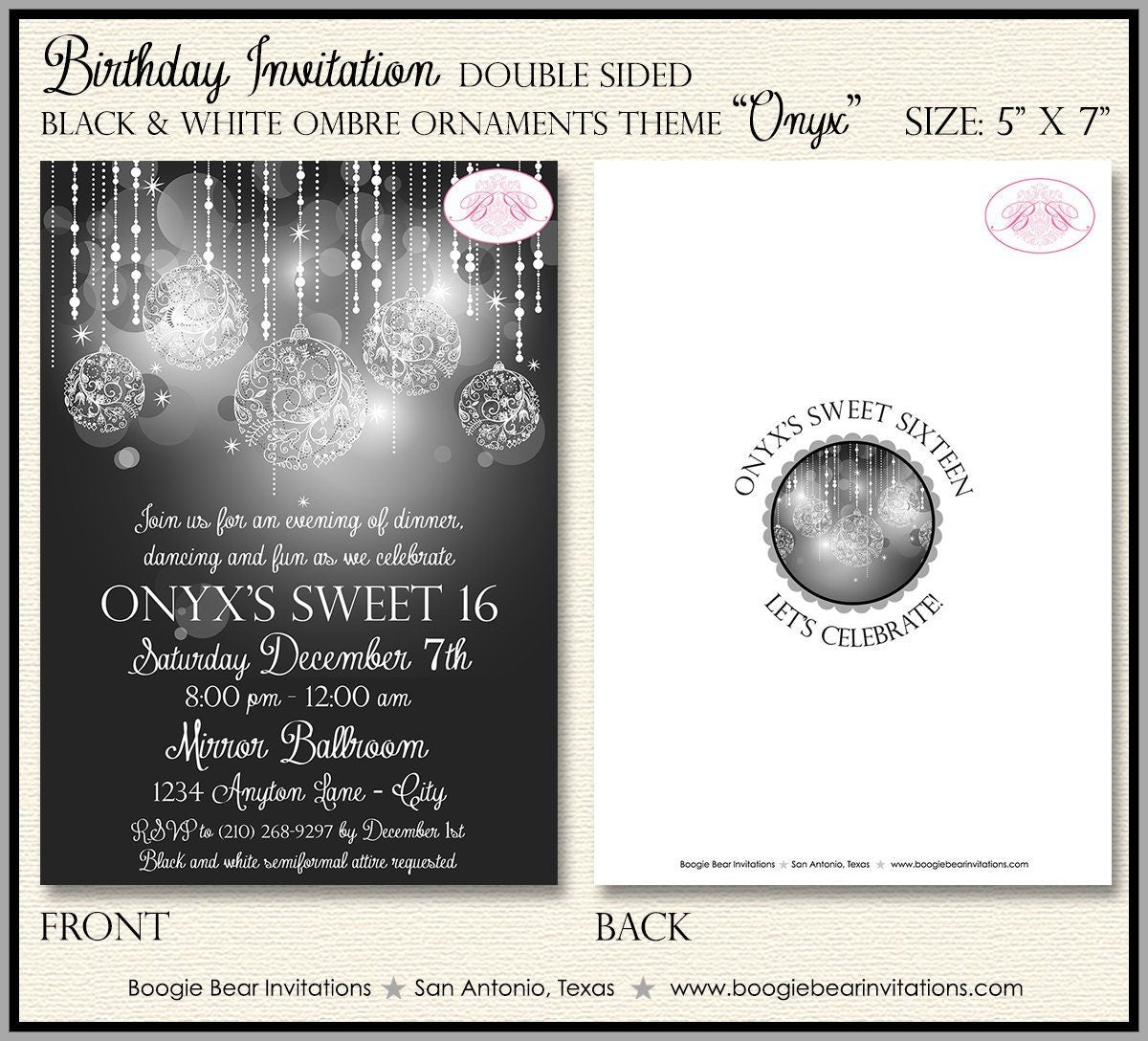 Sweet 16 Birthday Party Invitation Black White Glowing Ornaments Formal Girl Boogie Bear Invitations Onyx Theme Paperless Printable Printed