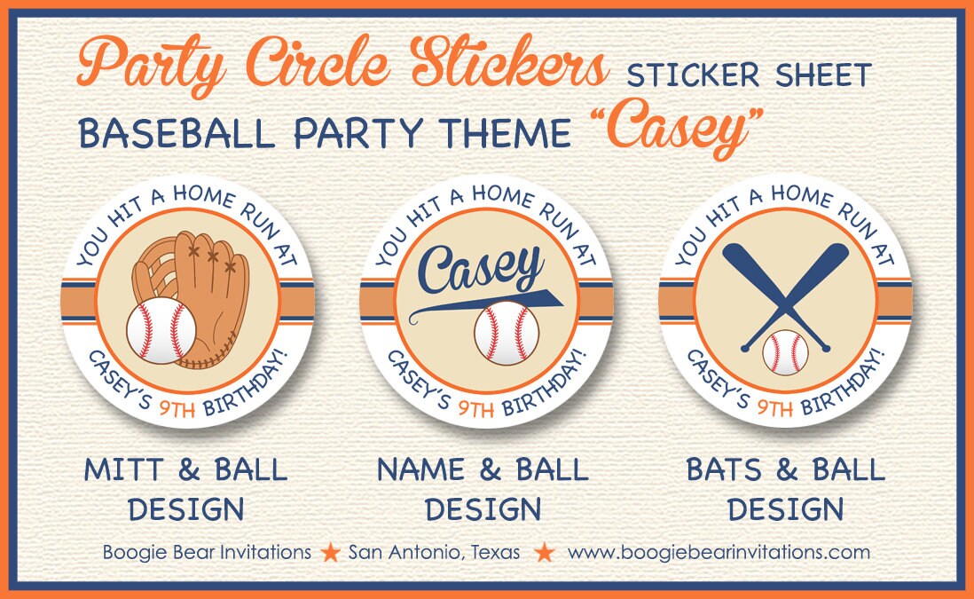 Retro Baseball Birthday Party Stickers Circle Sheet Orange Blue Mitt Base Ball Club Team Softball Sports Boogie Bear Invitations Casey Theme