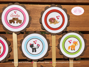 Valentines Day Woodland Party Cupcake Toppers Birthday Love Forest Animals Pink Fox Bear Deer Skunk Kid Boogie Bear Invitations Amelie Theme