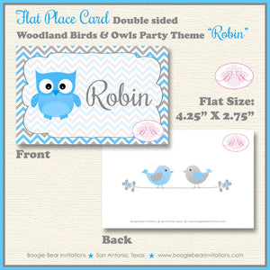Woodland Birds Owls Baby Shower Favor Card Tent Appetizer Food Grey Gray Blue Boy Animals Forest Boogie Bear Invitations Robin Theme Printed