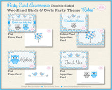 Load image into Gallery viewer, Woodland Birds Owls Baby Shower Favor Card Tent Appetizer Food Grey Gray Blue Boy Animals Forest Boogie Bear Invitations Robin Theme Printed