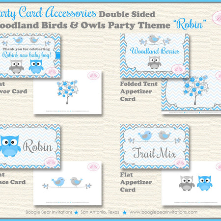 Woodland Birds Owls Baby Shower Favor Card Tent Appetizer Food Grey Gray Blue Boy Animals Forest Boogie Bear Invitations Robin Theme Printed