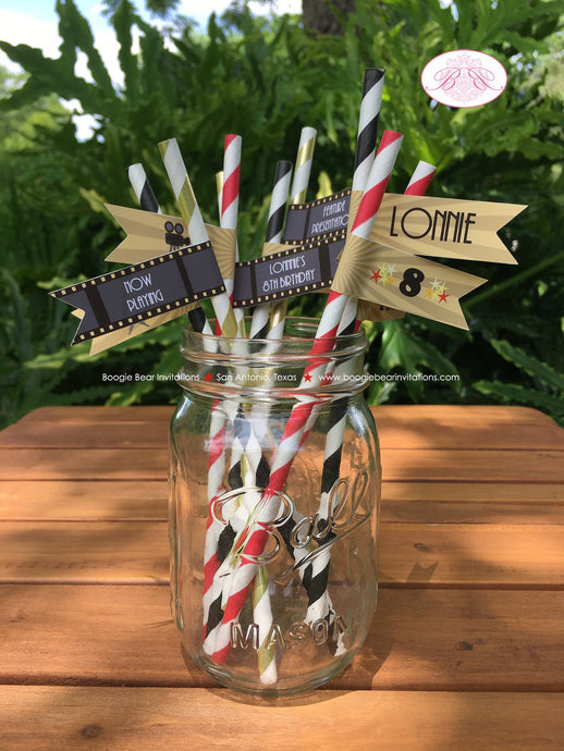 Movie Theater Party Birthday Paper Straws Pennant Drink Boy Girl Gold Motion Picture Actor Star Reel Boogie Bear Invitations Lonnie Theme