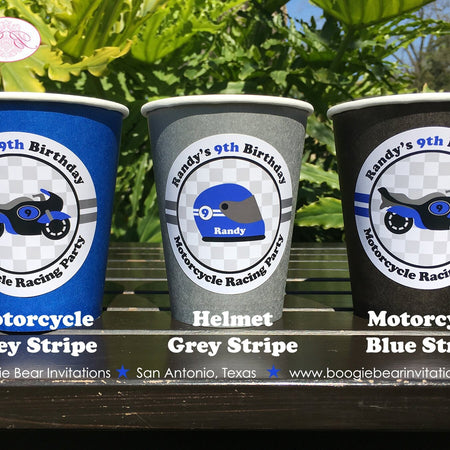Blue Motorcycle Birthday Party Beverage Cups Paper Drink Boy Girl Racing Enduro Track Motocross Helmet Boogie Bear Invitations Randy Theme