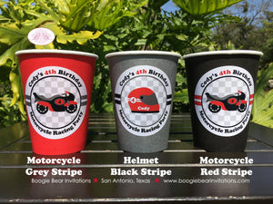 Red Motorcycle Birthday Party Beverage Cups Paper Drink Boy Girl Racing Enduro Race Track Bike Grand Prix Boogie Bear Invitations Cody Theme