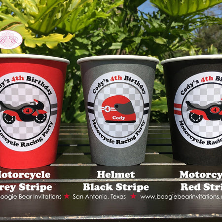 Red Motorcycle Birthday Party Beverage Cups Paper Drink Boy Girl Racing Enduro Race Track Bike Grand Prix Boogie Bear Invitations Cody Theme