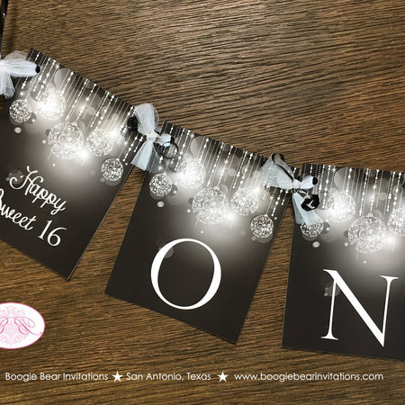 Sweet 16 Birthday Party Name Banner Glowing Ornaments Black White Grey Gray Silver Girl 21st 16th 30th Boogie Bear Invitations Onyx Theme
