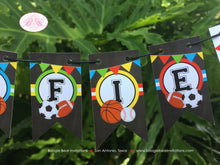 Load image into Gallery viewer, Sports Birthday Party Pennant Cake Banner Topper Flag Boy Girl Chalkboard Baseball Basketballe Football Boogie Bear Invitations Alfie Theme